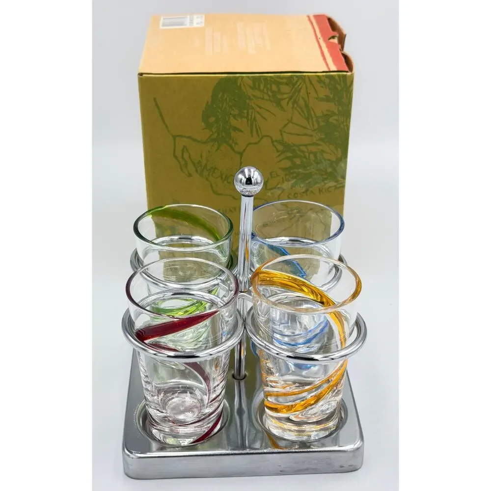 Starbucks Rare Hand Blown Swirl Glass Barista Espresso Shot Glass w/Chrome Caddy